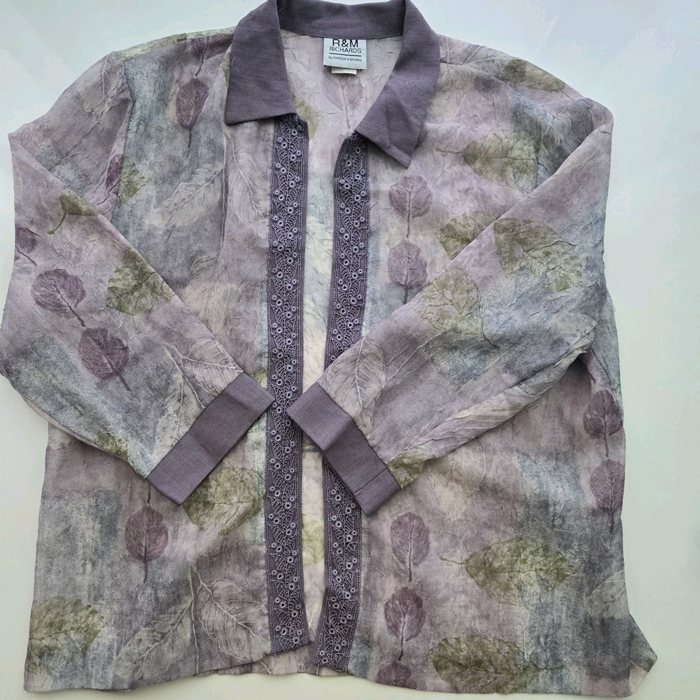 R&M Richards Karen Kwong Purple Leaf Print Sheer Blouse Vintage 90s Artsy Boho
